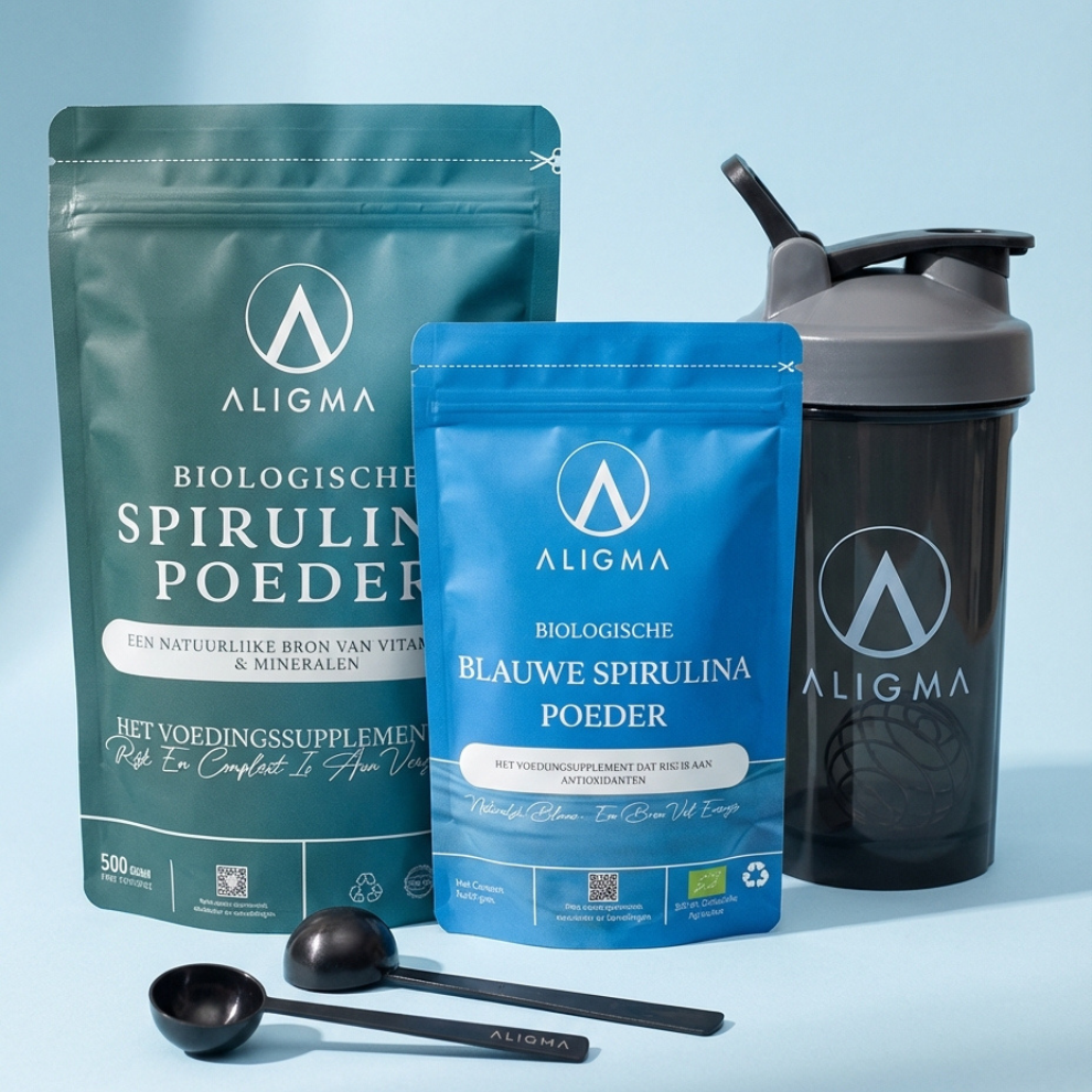 Biologische Spirulina Bundel – Groen & Blauw + Shaker & Maatschepjes
