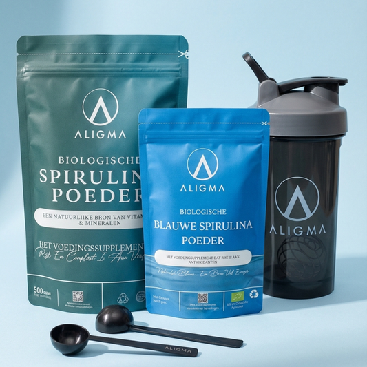Biologische Spirulina Bundel – Groen & Blauw + Shaker & Maatschepjes