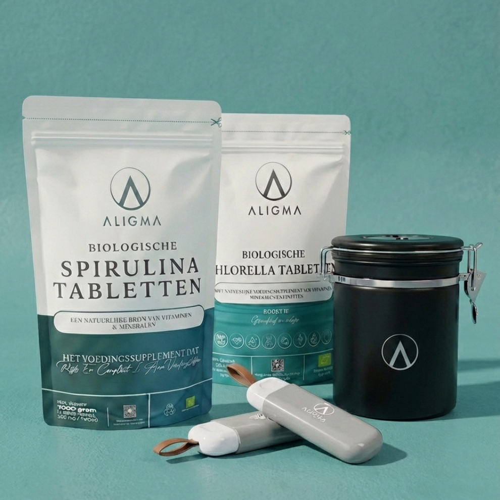 Aligma Spirulina, Chlorella, storage jar and tablet holder bundle