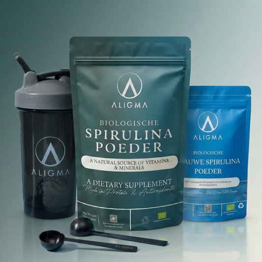 Biologische Spirulina bundel – Groen & Blauw + shaker & maatschepjes